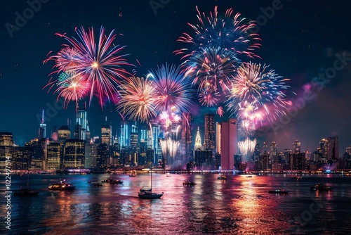 Fireworks over New York city skyline at night, reflections on the water and boats in the foreground, city's festive spirit and iconic architecture. © Studium L&M
