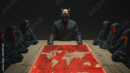 Group of people gathered around a table over a world map. A shadow government is plotting to conspire and seize power. The scene is tense and serious. Illustration for varied design.