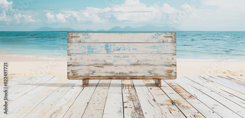 Summer-themed blank basswood signboard on a cream-colored wooden floor at the beach. photo