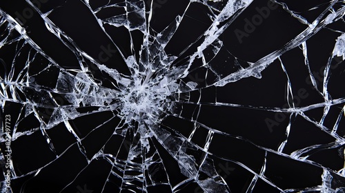 Broken glass on a dark background. After the impact, the glass surface has cracks diverging from the point of impact or bullet hit. The concept of destruction, vulnerability and fragility of existence photo
