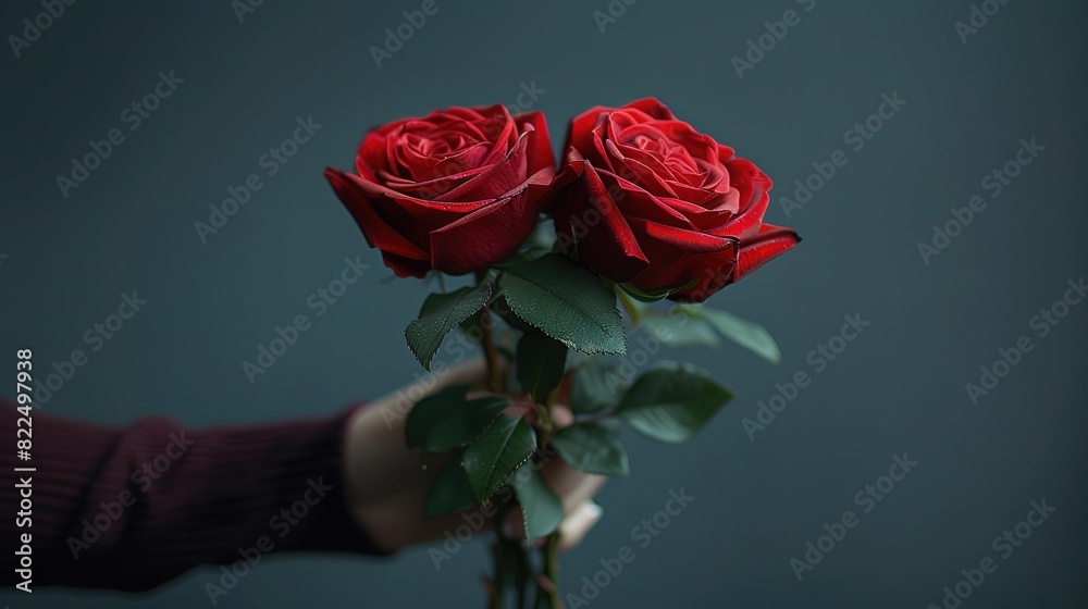 female hand holding red roses on a blue background female hand holding red roses on a blue background