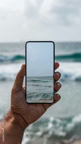 Hand holding smartphone with ocean waves on screen, blending seamlessly with beach background for tech and travel themes photo