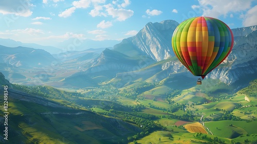 A colorful hot air balloon floating over a lush green valley on a clear day. 8k, realistic, full ultra HD, high resolution and cinematic photography