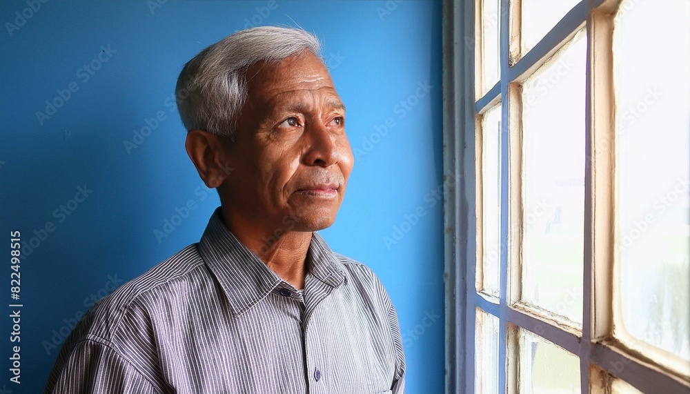An Indian 60 years old men with a thinking expression on his face in front of the plain blue background An Indian 60 years old men with a thinking expression on his face in front of the plain blue background