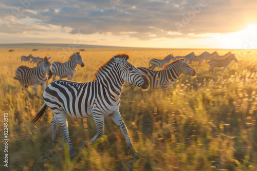 A dynamic shot of zebras moving together as a herd across open grasslands  showcasing their beautiful striped patterns in natural light.. AI generated.