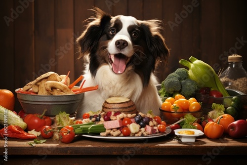 Happy dog surrounded by a variety of fresh  healthy foods on a rustic table