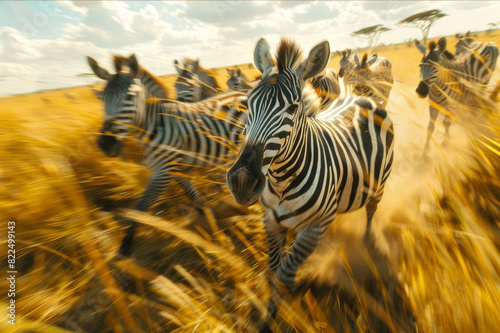A dynamic shot of zebras moving together as a herd across open grasslands  showcasing their beautiful striped patterns in natural light.. AI generated.