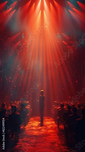 A person standing under dramatic red lighting on a stage with an audience. The atmosphere is intense and captivating.