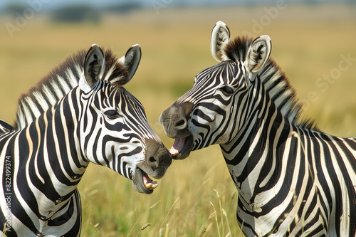 Close-up of two zebras playfully interacting in the middle of a grassland  their stripes creating a beautiful contrast against the green backdrop.. AI generated.