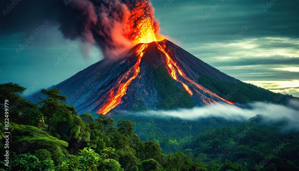 A towering volcano with molten lava flowing down its sides, surrounded by a dense, green rainforest.