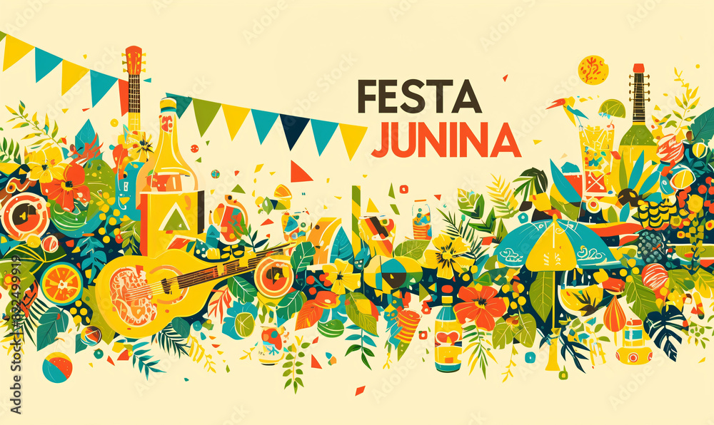 Obraz premium Festive scene with guitars, flowers, and food items. Digital artwork for Festa Junina celebration