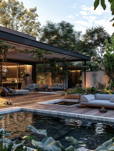 Interior design of a lavish side outside garden at morning, with a teak hardwood deck and a black pergola. Scene in the evening with couches and lounge chairs by the pool generative ai © Johannes