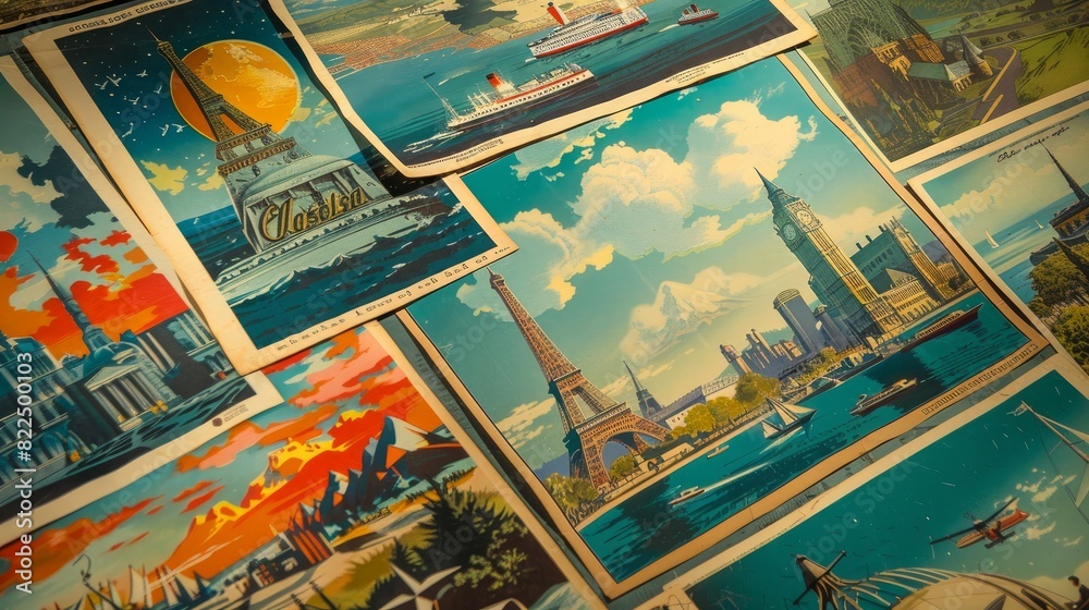 Vintage travel posters for a globetrotter's living room. --ar 16:9 Job ID: 84320485-44dd-4e4b-acf2-f846c611cd69