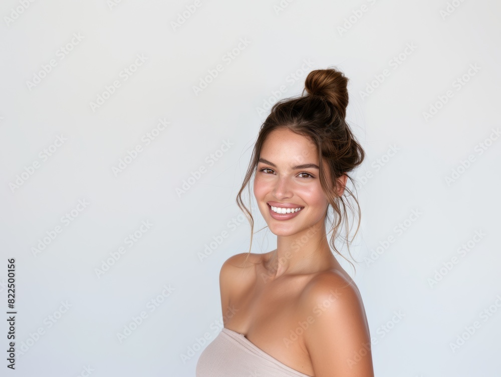 Young slim multiracial brunette woman on white background smiling. Active lifestyle, beauty and health. Young slim multiracial brunette woman on white background smiling. Active lifestyle, beauty and health.