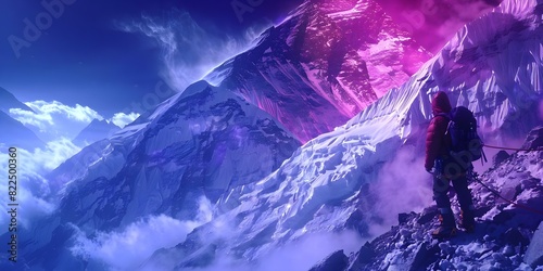 Mountain climber conquers fear of heights by scaling holographic Mount Everest. Concept Virtual Reality, Overcoming fears, Holographic technology, Mountain Climbing, Personal growth