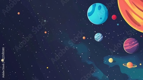 Vector illustration of a flat space design background featuring small celestial elements  stars  and planets in a night sky