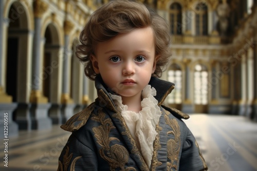 Young child dressed in an ornate vintage costume poses in a grand historical setting