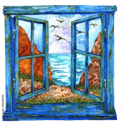 watercolor illustration of a blue open window overlooking the sea with seagulls, the beach and the mountains. A postcard of a summer sea holiday