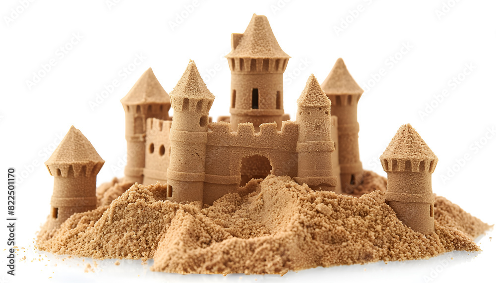 Pile of sand with beautiful castles isolated on white Pile of sand with beautiful castles isolated on white