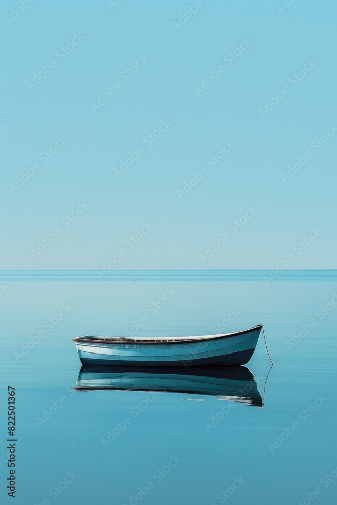 A high-resolution photo of a small boat floating on a serene lake, isolated on a solid blue background, capturing the tranquility of boating. A high-resolution photo of a small boat floating on a serene lake, isolated on a solid blue background, capturing the tranquility of boating.