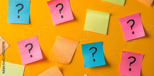 Question Mark Sticker on Sticky Notes - against an isolated orange background with Copy space.