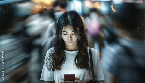 Social network or internet addiction, young asian girl with smartphone, long exposure people crowds backgrounds  photo