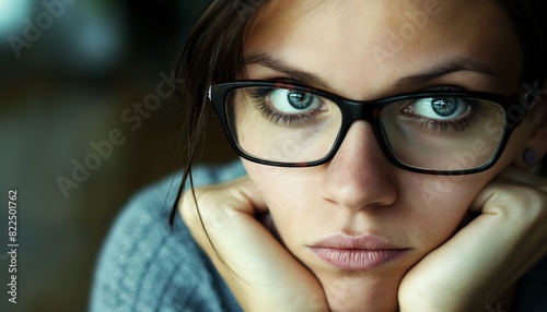 Young brunette woman with anxiety wearing black glasses close up portrait