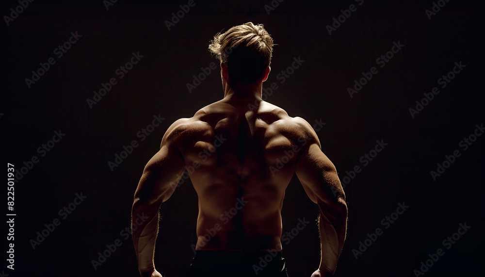 Fototapeta premium Muscular man showing his strength on black background, back view. Sexy body