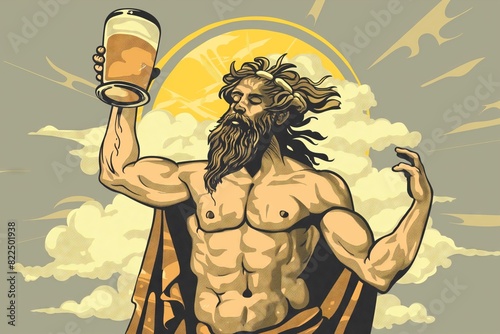 Ancient greece or rome god holding beer glass with foam, clouds, rising sun photo