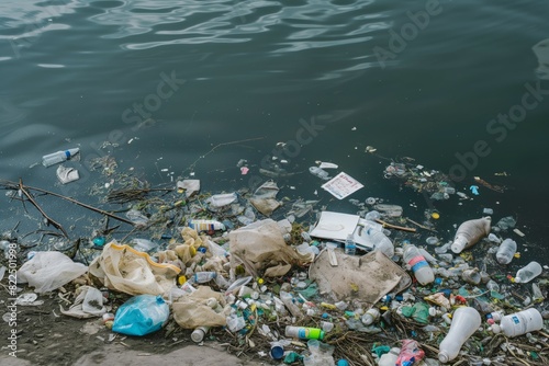 Plastic waste, debris in water, river lake ponk coast photo