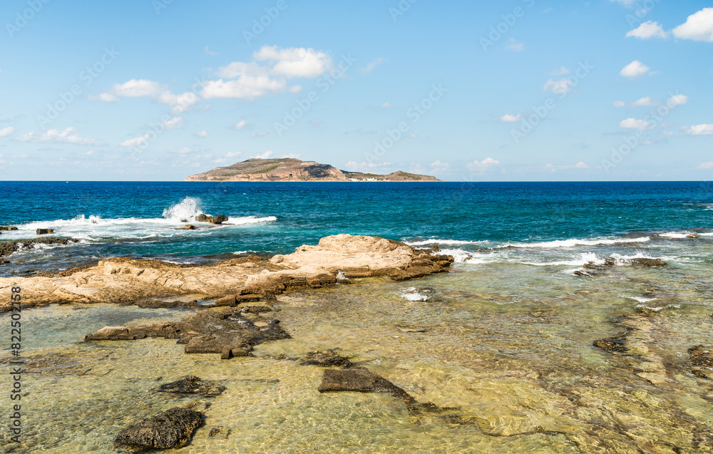 Landscape of Mediterranean sea from seafront of Favignana island, province of Trapani, Sicily, Italy