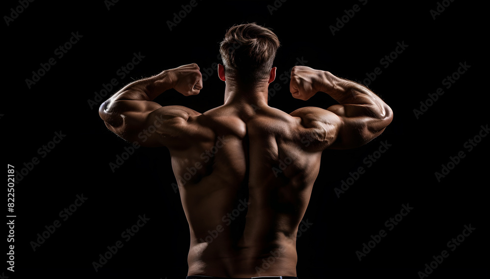 Muscular man showing his strength on black background, back view. Sexy body Muscular man showing his strength on black background, back view. Sexy body