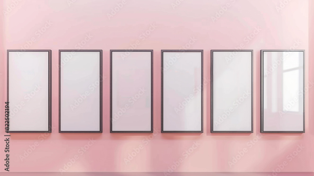 Blush pink wall with a series of inviting rectangular empty frames in a gallery. Blush pink wall with a series of inviting rectangular empty frames in a gallery.
