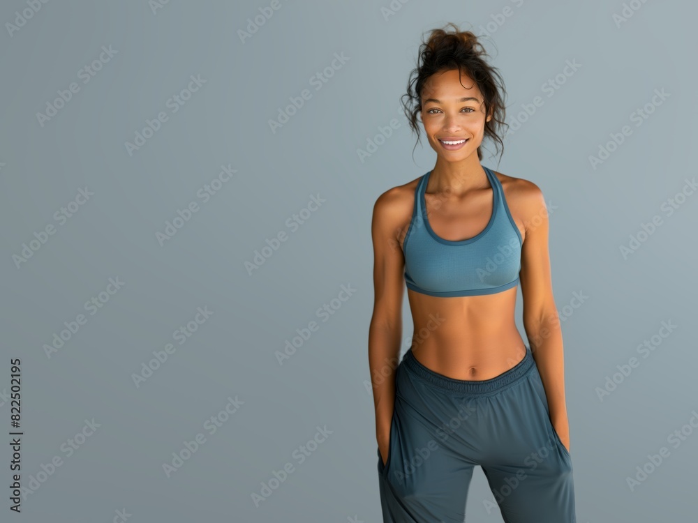 Young slim athletic brunette on a gray background. Active lifestyle, weight loss, motivation.