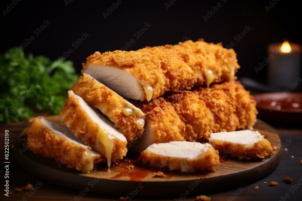 Succulent slices of breaded chicken breast on a wooden serving board with a cozy candlelit ambiance Succulent slices of breaded chicken breast on a wooden serving board with a cozy candlelit ambiance