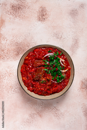 Chashushuli, a traditional Georgian dish, spicy, stewed meat with tomatoes and spices, homemade, no people,