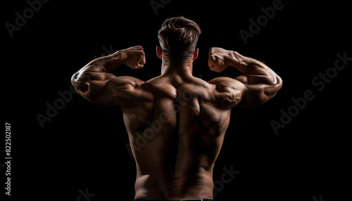 Muscular man showing his strength on black background, back view. Sexy body