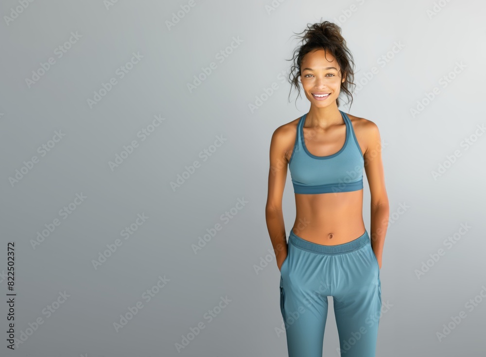 Young slim athletic brunette on a gray background. Active lifestyle, weight loss, motivation. Young slim athletic brunette on a gray background. Active lifestyle, weight loss, motivation.