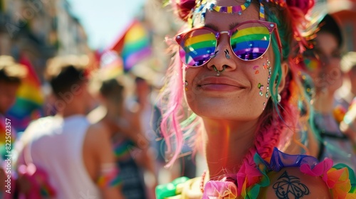 portrait of queer young woman with lgbtqia rainbow pride flag themed clothing and pink green hairstyle and tattos in pride parade