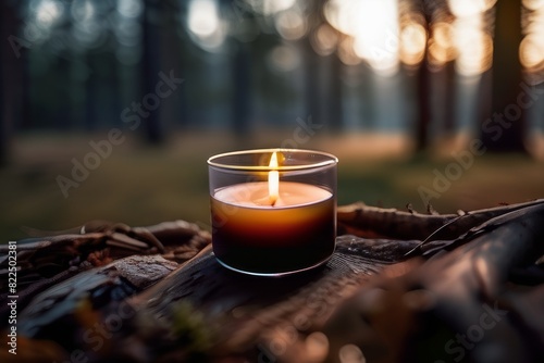 Candle in glass surrounded ty forest treesforest at sunset photo