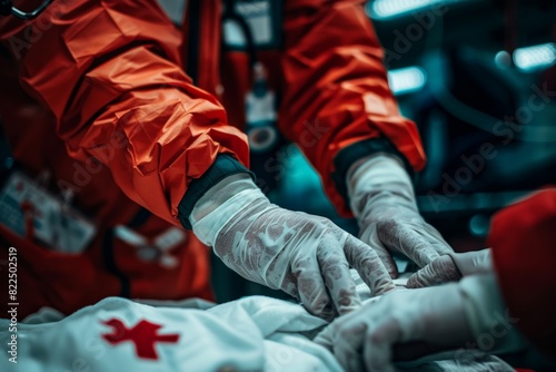 A man in an orange jumpsuit is helping a woman in a white shirt. The scene is set in a hospital, and the man is wearing gloves. Scene is serious and focused on the medical situation at hand