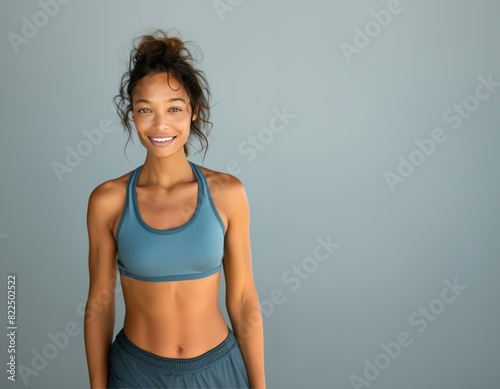 Young slim athletic brunette on a gray background. Active lifestyle, weight loss, motivation.