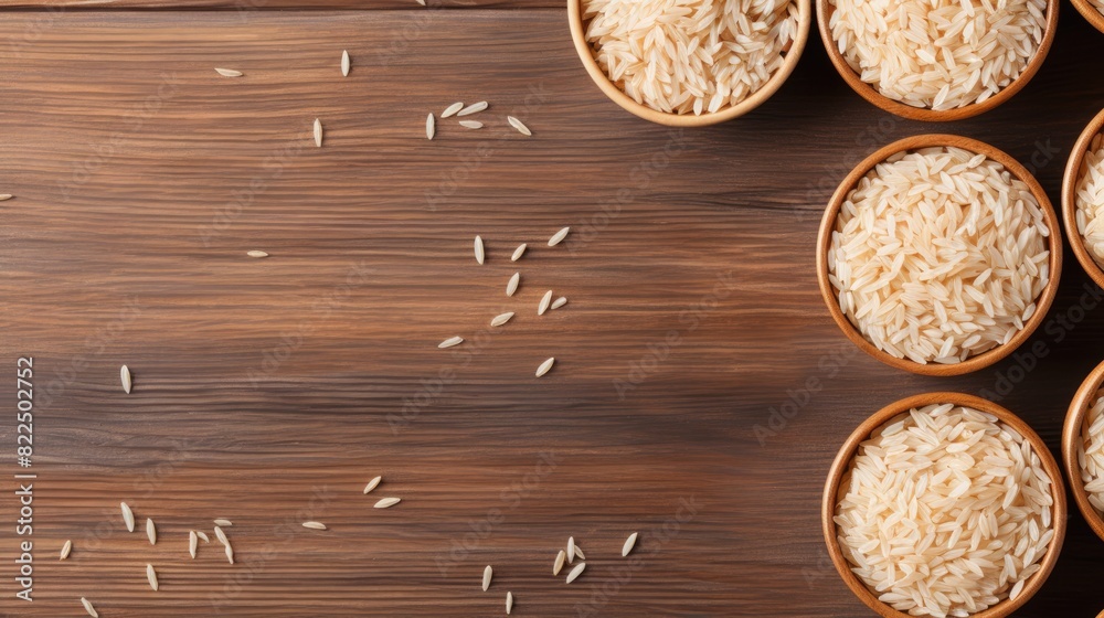 Rice grains in a wooden bowl on a wooden background. The concept of healthy eating. Rice porridge contains a large amount of vitamins and minerals. Rice grains in a wooden bowl on a wooden background. The concept of healthy eating. Rice porridge contains a large amount of vitamins and minerals.