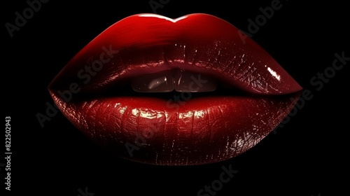 Sexy Lips. Beauty Red Lips Makeup Detail. Beautiful Make-up Closeup. Sensual Open Mouth. lipstick or Lipgloss photo