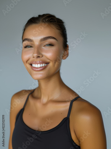 The face of a beautiful woman with a friendly smile close-up. Beautiful teeth. Feminine beauty.
