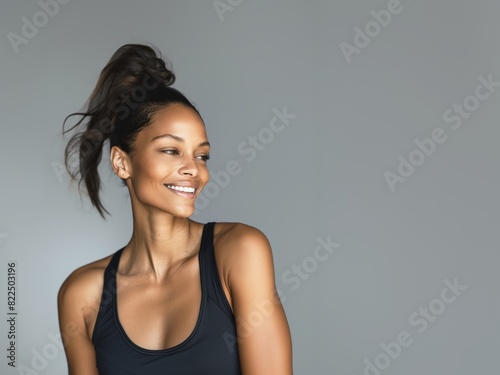 Young slim athletic brunette on a gray background. Active lifestyle, weight loss, motivation.