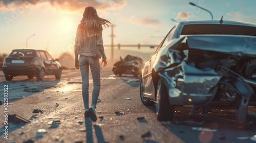 Silly Young woman walking away from car crash gesturing innocence photo