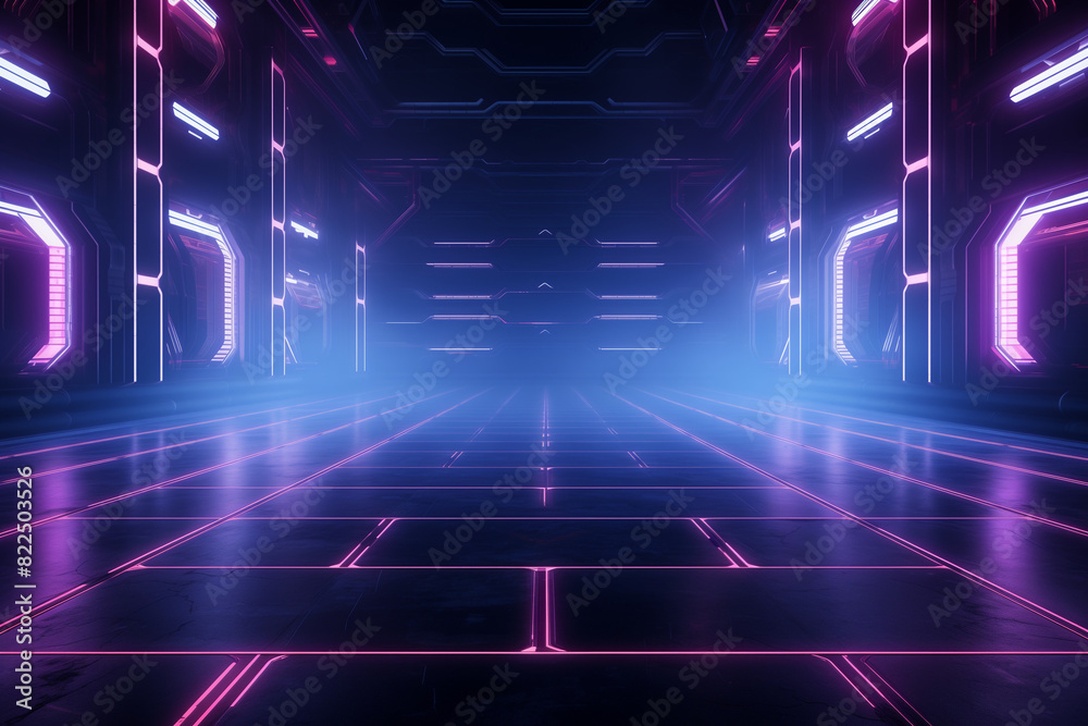 Futuristic Neon Hallway with Bright Lights and Dark Walls Futuristic Neon Hallway with Bright Lights and Dark Walls