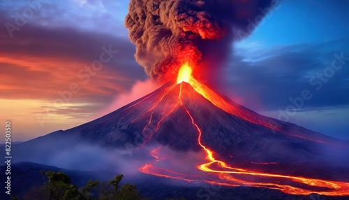 A dramatic eruption of a volcano at dusk, with fiery lava lighting up the darkening sky. photo