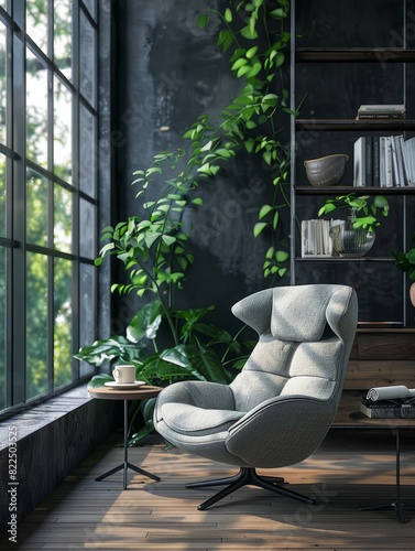 Style loft interior with gray armchair and dark walls, high resolution, style, design, modern renovation, panoramic window, seating area with a cup of coffee or an interesting book, background. AI